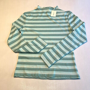 CALI BE Womens Top Size L Striped Long Sleeve Mock Neck Lettuce Edge Green‎ Blue